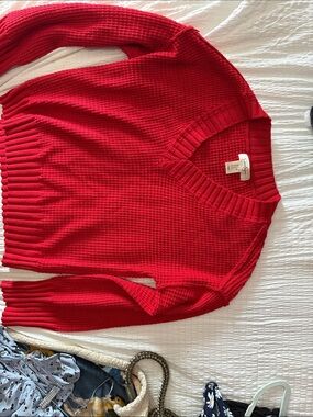 Jessica Simpson Red V-Neck Waffle Knit Sweater